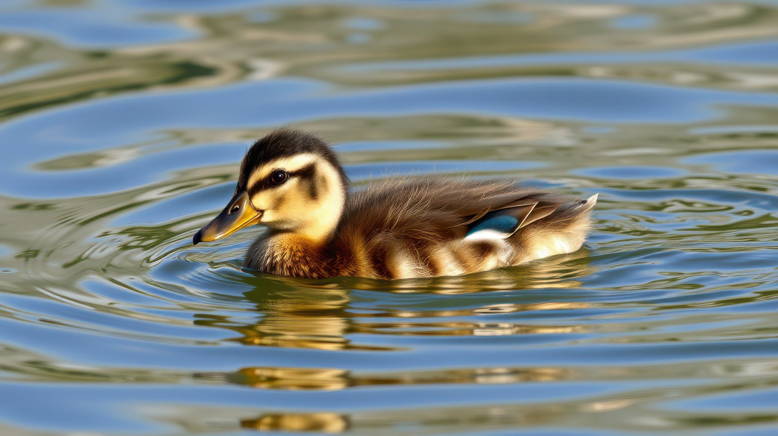 Duckling swimming gracefully in a calm pond during a sunny afternoon near a natural reserve